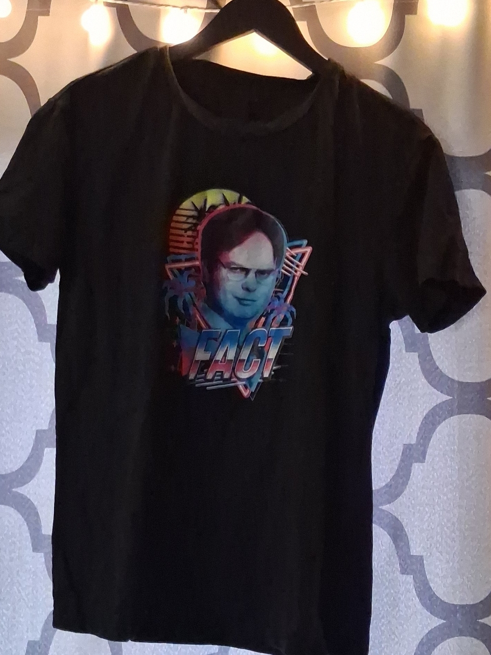 Black Short Sleeve Graphic Tee with Retro Neon Portrait